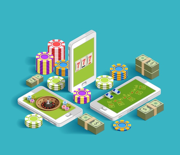 Изометрическая иллюстрация игровых автоматов на смартфонах